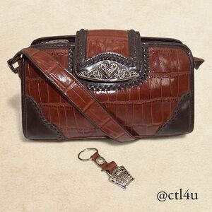 MC Western Faux Croc Shoulder Bag Brown Tooled Heart Clasp & Keychain